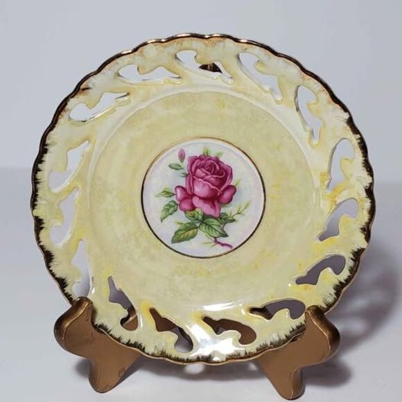 Yellow Teacup and Saucer Pink Roses Opalescent Vintage - Picture 9 of 10